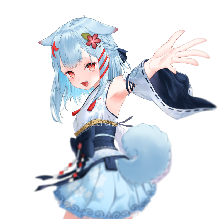 1girl, :d, :o, animal_ears, armpits, beckoning, blue_bow, blue_hair