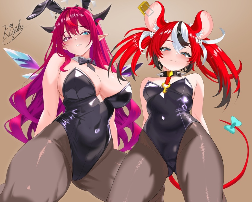 2girls, :3, alternate_costume, animal_ear_hairband, animal_ears, arms_behind_back, bare_shoulders, bed, black_bow, black_bowtie, black_hair, black_leotard, black_pantyhose, blue_eyes, bow, bowtie, breasts, cleavage, closed_mouth, collar, colored_tips, commentary, commentary_request, covered_groin, covered_navel, crossed_bangs, crystal_wings, detached_sleeves, detached_wings, dice_hair_ornament, double-parted_bangs, english_commentary, fake_animal_ears, gluteal_fold, hair_between_eyes, hair_ornament, hairband, hakos_baelz, halo, heterochromia, highleg, highleg_leotard, hololive, hololive_english, horns, indoors, irys_(hololive), kneeling, large_breasts, leotard, light_blush, lips, long_hair, looking_at_viewer, medium_breasts, mixed-language_commentary, mouse_ears, mouse_girl, mouse_tail, mousetrap, multicolored_hair, multiple_girls, no_shoes, on_bed, pantyhose, playboy_bunny, pointy_ears, rabbit_ear_hairband, rabbit_ears, red_eyes, red_hair, rijeka1918, smile, spiked_collar, spikes, star_halo, strapless, strapless_leotard, streaked_hair, tail, tail_bow, tail_ornament, thick_thighs, thighs, twintails, uneven_twintails, virtual_youtuber, white_hair, wings
