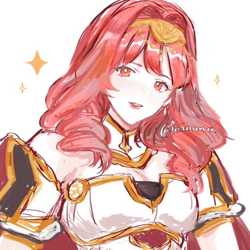 1girl, armor, breastplate, cape, celica_(fire_emblem), choker, earrings, eiouna, fire_emblem, fire_emblem_echoes:_shadows_of_valentia, jewelry, long_hair, nintendo, princess, red_eyes, red_hair, star_(symbol), white_armor