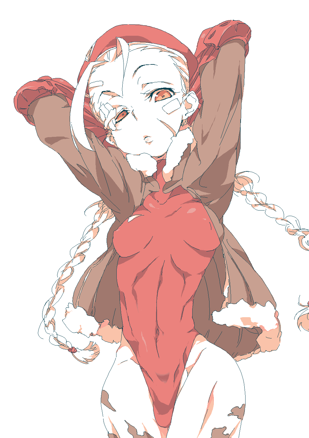 1girl, arms_behind_head, bandaid, bodypaint, braid, breasts, cammy_white, capcom, female_focus, hat, highleg, highleg_leotard, highres, jacket, kugimiya_atsuki, leotard, long_hair, monochrome, partially_colored, petite, scar, scard, sepia, simple_background, solo, street_fighter, twin_braids, white_background