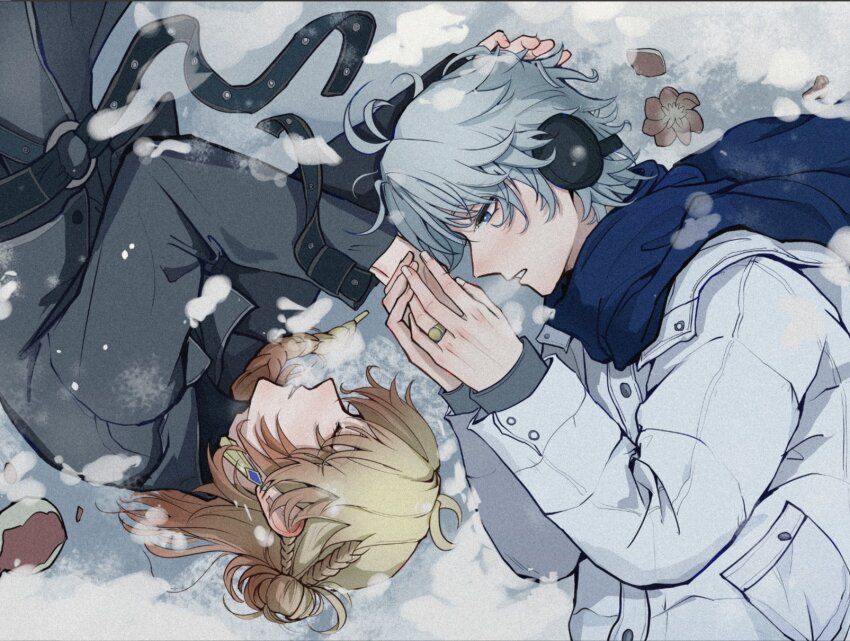 2boys, antenna_hair, black_coat, blonde_hair, blue_eyes, blue_scarf, braid, closed_eyes