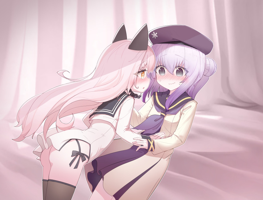 2girls, absurdres, ass, dress, exhex_(hexieshizhe), hat, highres, imminent_kiss, loli, multiple_girls, necktie, pink_background, pink_hair, shimakaze_(warship_girls_r), warship_girls_r, white_dress, white_hair, yellow_eyes, yukikaze_(warship_girls_r), yuri