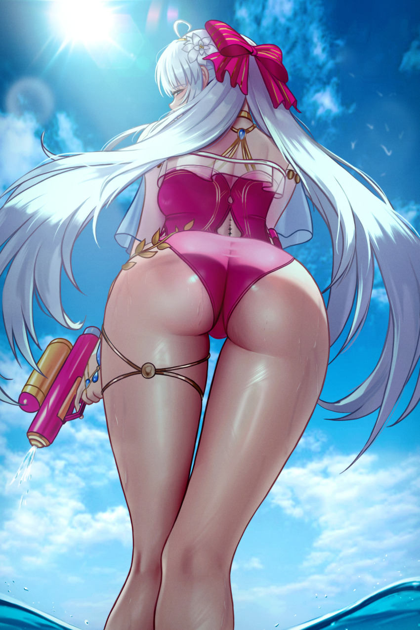 1girl, absurdres, alternate_costume, ass, ass_focus, bare_shoulders, bow, carlotta_(splashing_summer)_(wuthering_waves)