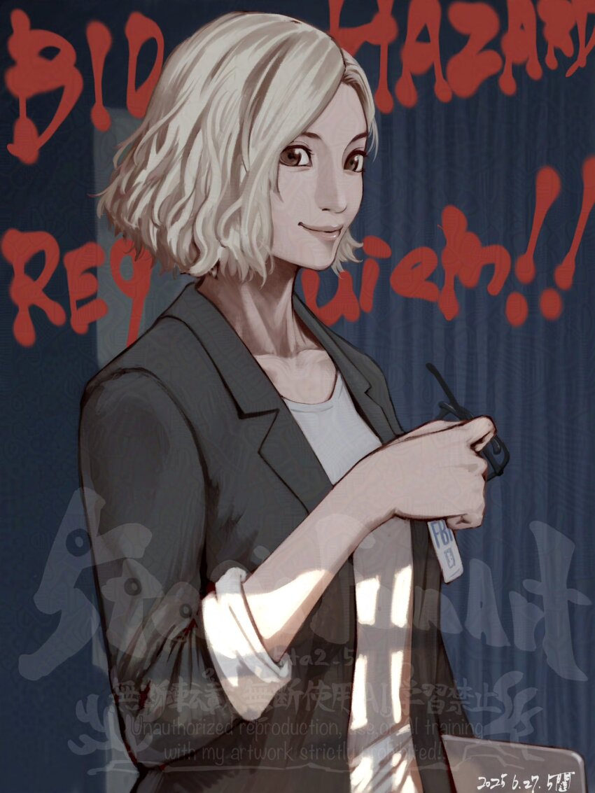 1girl, 5tatsu, black_jacket, blonde_hair, breasts, brown_eyes, closed_mouth, dated