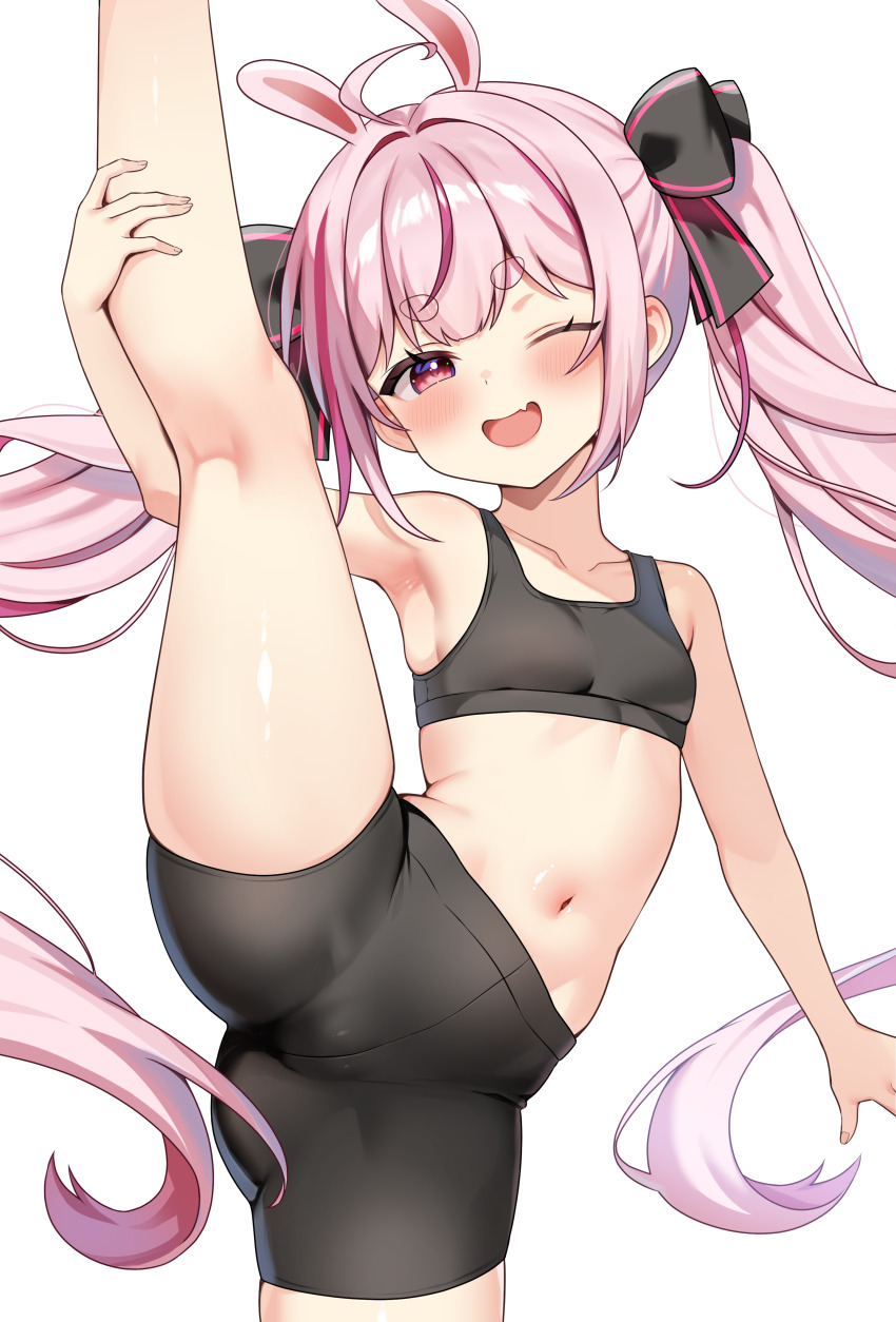 1girl, absurdres, ahoge, animal_ears, bansyono-mamoribito, bike_shorts, black_shorts, black_sports_bra, bow, breasts, cameltoe, commentary, hair_bow, highres, indie_virtual_youtuber, looking_at_viewer, navel, one_eye_closed, open_mouth, pink_eyes, pink_hair, short_shorts, shorts, simple_background, small_breasts, split, sports_bra, sports_panties, standing, standing_on_one_leg, standing_split, stomach, tomari_mari, twintails, virtual_youtuber, white_background