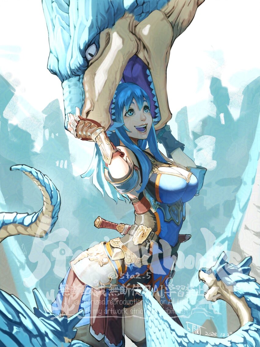 1girl, 5tatsu, armored_gloves, black_thighhighs, blue_eyes, blue_hair, breasts, cleavage