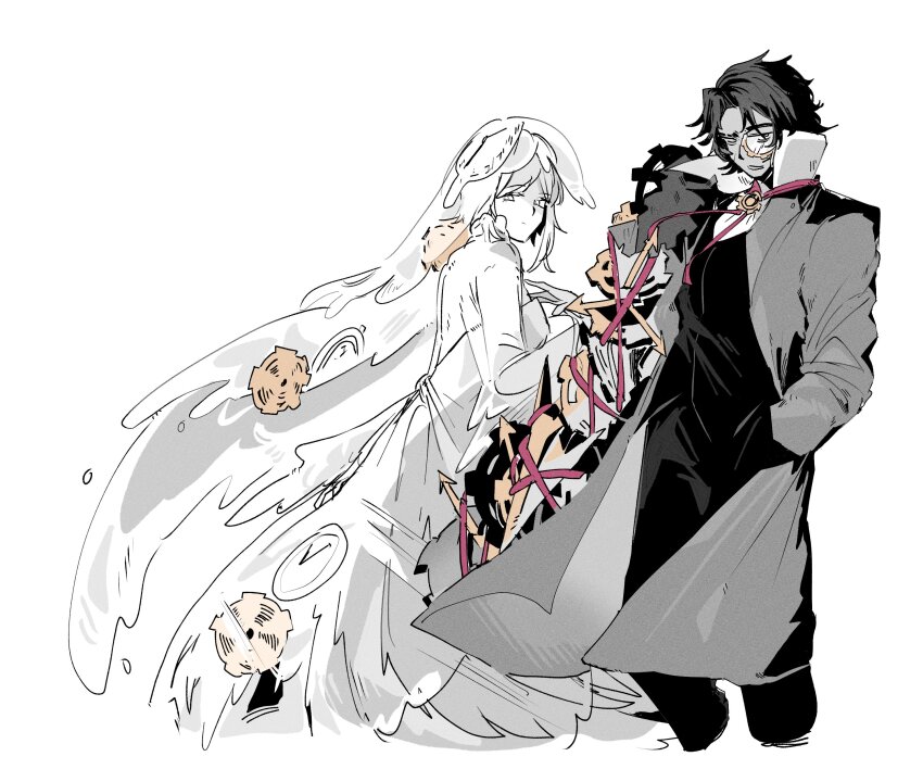 1boy, 1girl, absurdres, asymmetrical_inertia_(e.g.o), black_pants, black_shirt, bridal_veil, coat