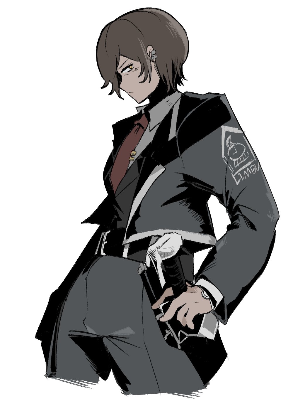 1girl, belt, black_belt, black_pants, brown_hair, closed_mouth, collared_shirt, dark-skinned_female