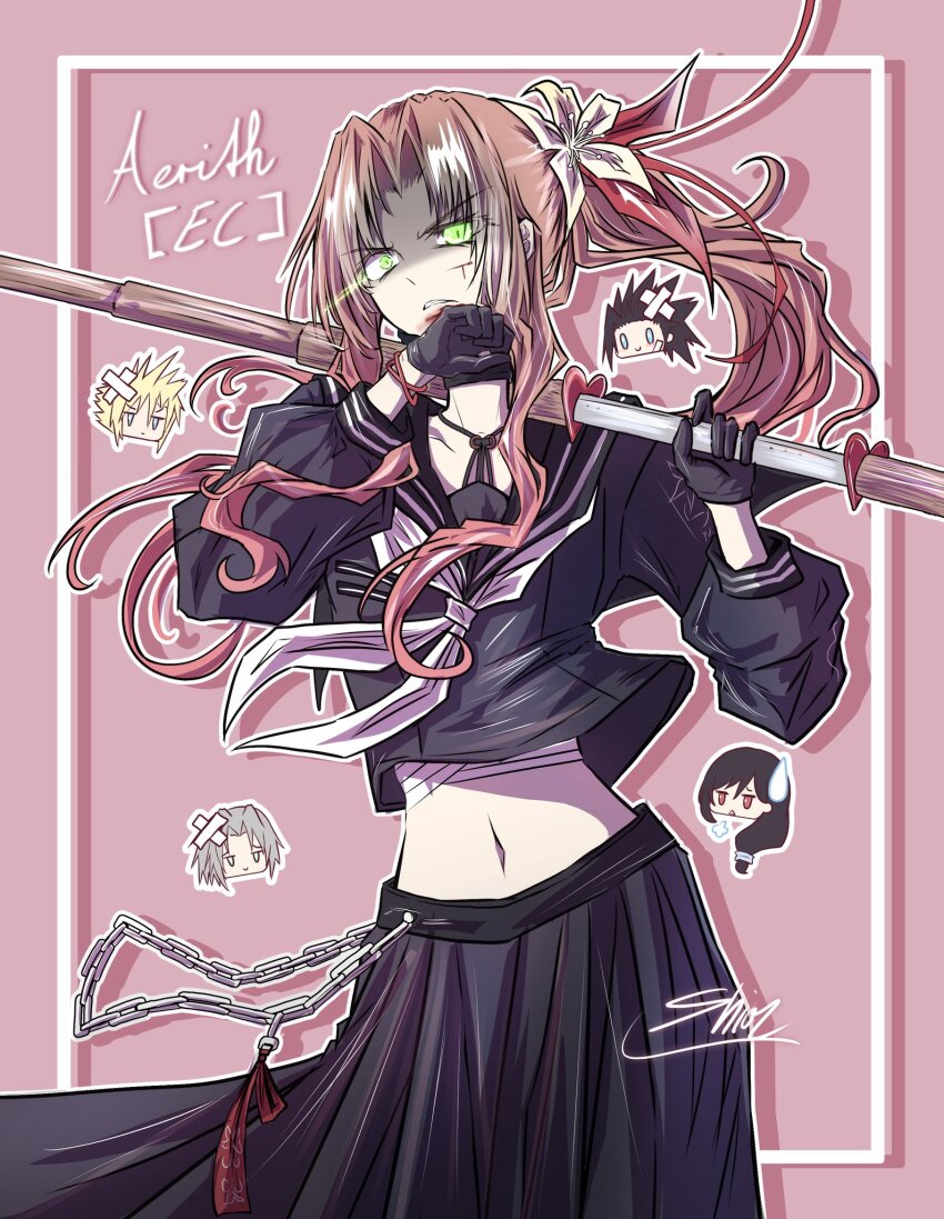 2girls, 3boys, aerith_gainsborough, aerith_gainsborough_(midgard_seventh_high_school), bandaged_chest, bandaid, bandaid_on_face, black_choker