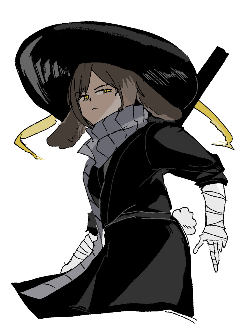 1girl, animal_ears, bandaged_arm, bandages, black_hanfu, brown_hair, chinese_clothes, closed_mouth