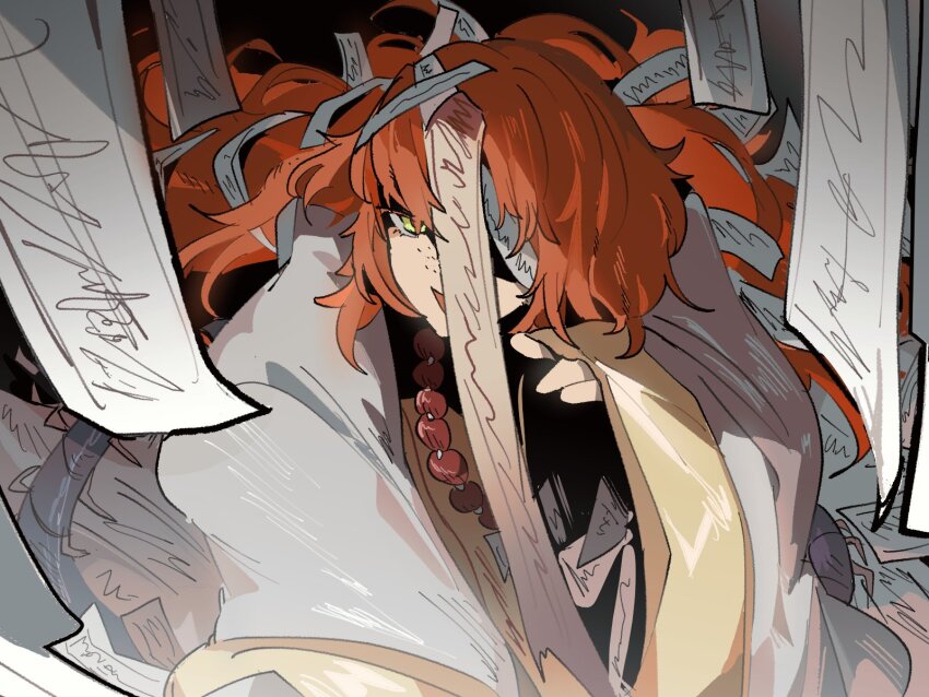 1girl, arthropod_girl, beads, black_background, centipede_girl, freckles, gree_n, green_eyes