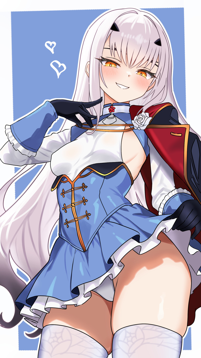 1girl, absurdres, aiguillette, bamboo_tac, black_gloves, blue_cape, blue_dress, blush