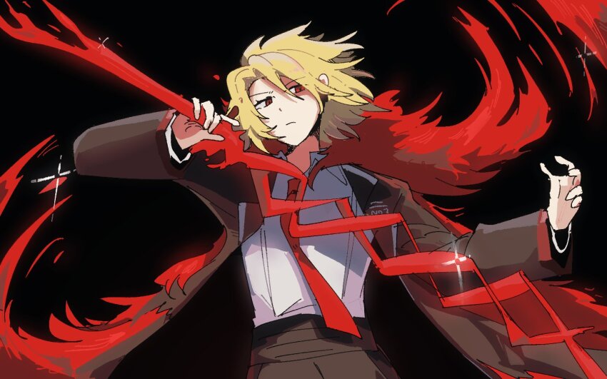 1girl, black_background, black_coat, blonde_hair, closed_mouth, coat, collared_shirt, don_quixote_(project_moon)