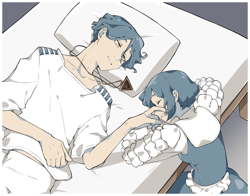 1boy, 1girl, absurdres, bed, blue_hair, breasts, closed_eyes, collared_shirt