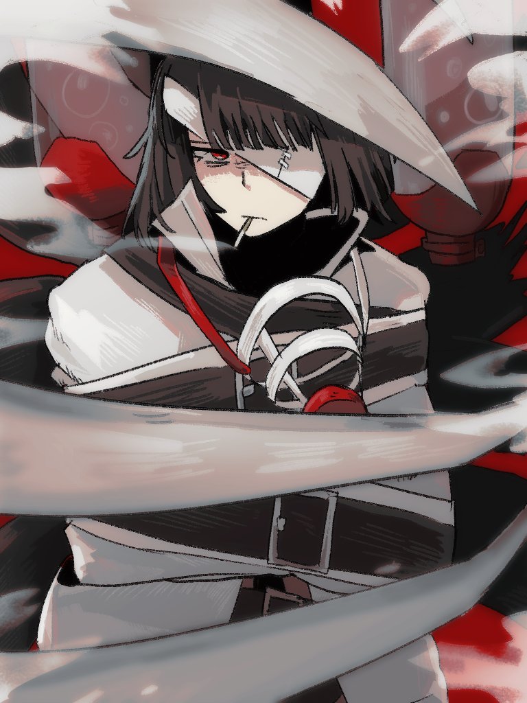 1girl, bandage_over_one_eye, belt, black_belt, black_hair, bob_cut, coat, gree_n, limbus_company, looking_at_viewer, oxygen_mask, oxygen_tank, project_moon, red_background, red_eyes, ryoshu_(project_moon), short_hair, simple_background, smoking, solo, standing, straitjacket, thoracalgia_(e.g.o), upper_body, white_coat