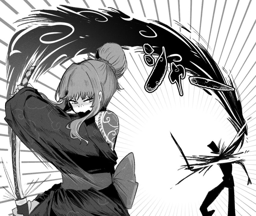 1girl, 1other, arm_tattoo, black_kimono, cloud_tattoo, freckles, gree_n, hair_bun