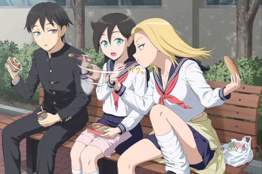 1boy, 2girls, afterimage, aged_down, bag, bags_under_eyes, bench, black_hair