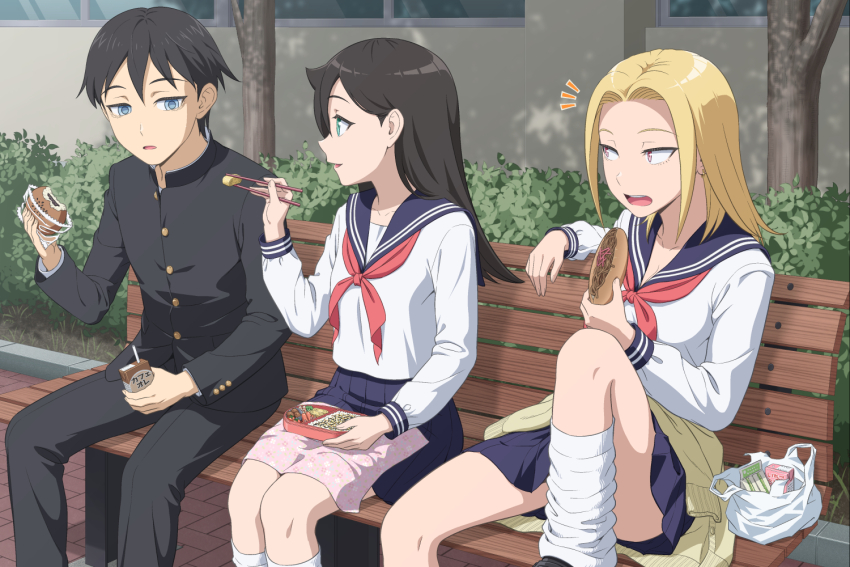 1boy, 2girls, aged_down, bag, bags_under_eyes, bench, bento, black_hair