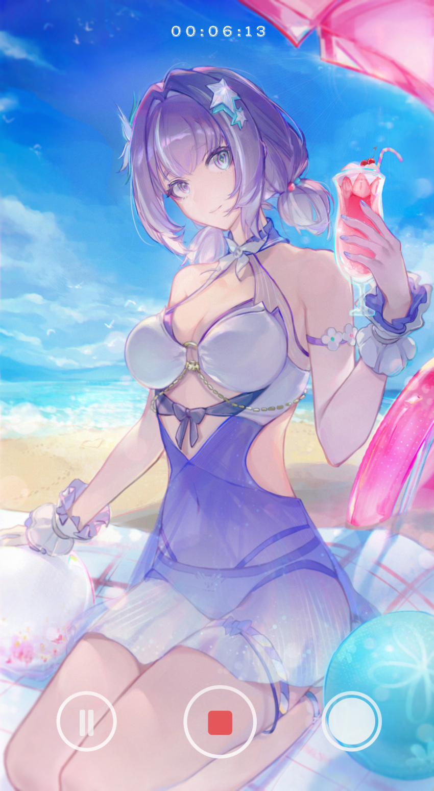 1girl, alisa:_echo_(pgr), alisa:_echo_(sandy_spectrum)_(pgr), alisa_(pgr), alternate_costume, beach, beach_towel, beach_umbrella