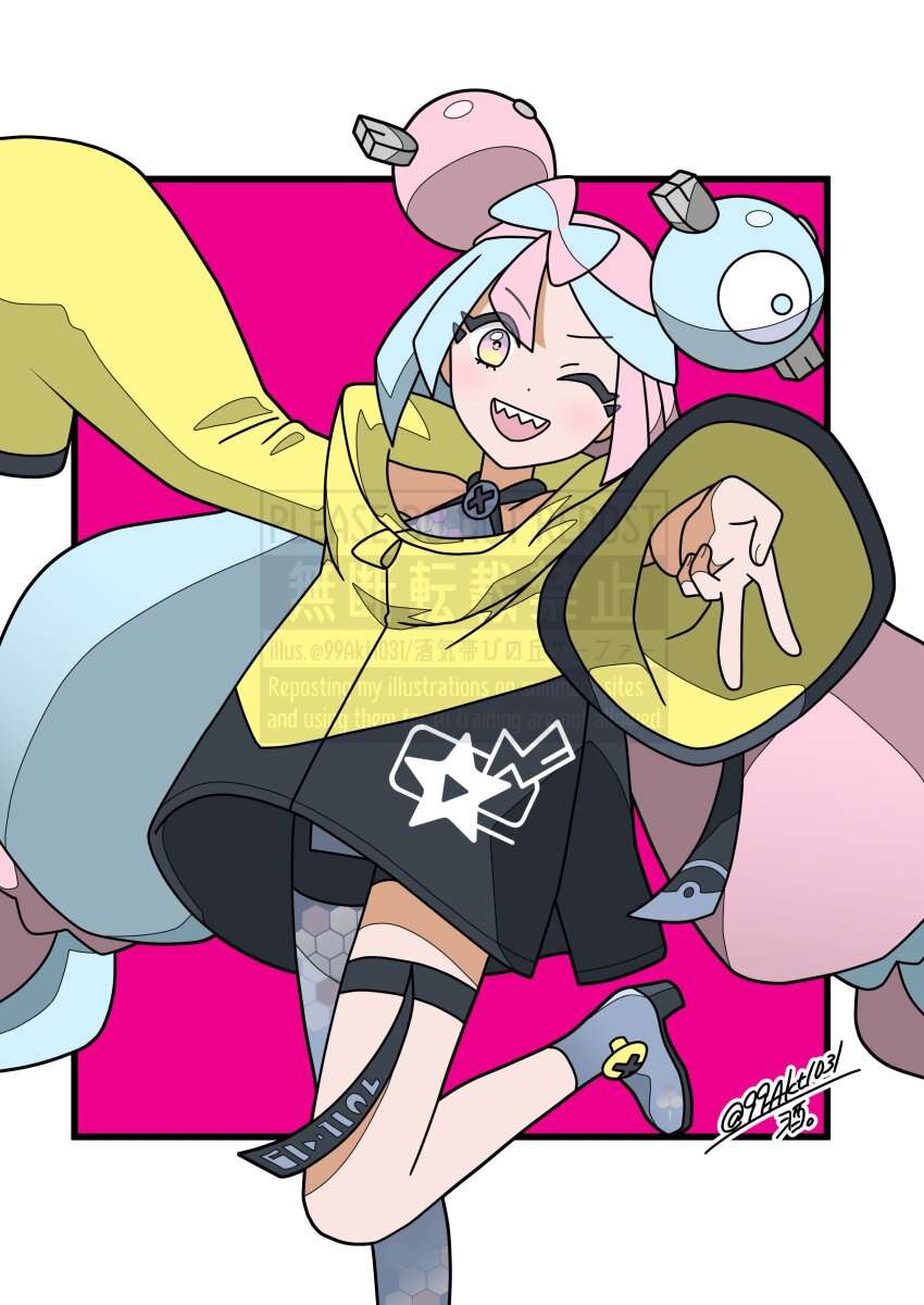 1girl, 99akt1031, ;d, absurdres, blue_hair, border, bow-shaped_hair, character_hair_ornament