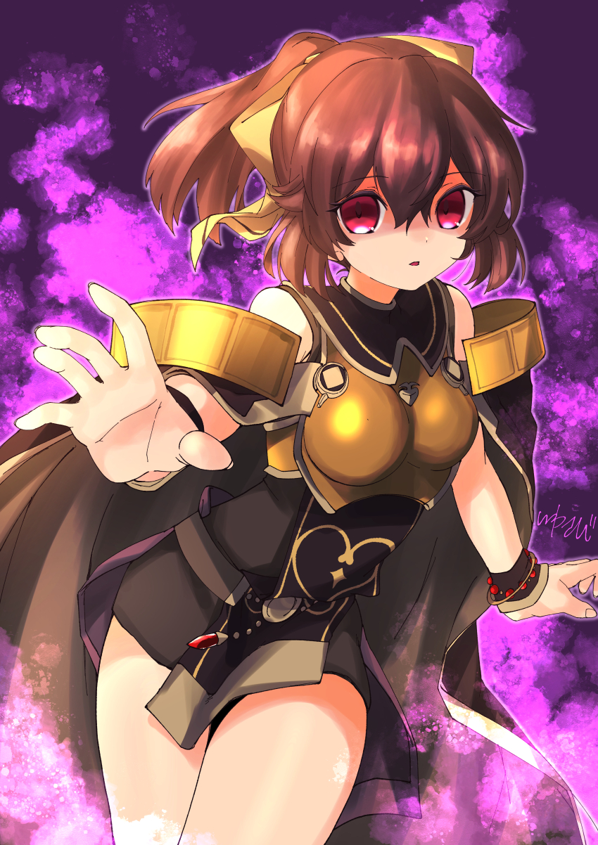 1girl, absurdres, armor, aura, bare_shoulders, bow, breastplate, brown_cape
