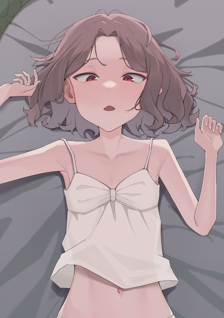 1girl, absurdres, bed, bed_sheet, dress, ebizuka_tomo, flat_chest, girls_band_cry