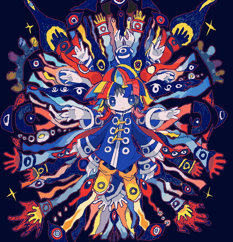 1boy, abstract, black_hair, blue_background, blue_jacket, boots, bright_pupils, chinese_clothes, commentary, deformed, extra_arms, hoshi-kun_(kikuo), jacket, jaggy_lines, kikuo, limited_palette, long_sleeves, looking_at_viewer, male_focus, open_mouth, sleeves_past_wrists, solo, suzua_(sofw0), tangzhuang, white_pupils, wide_sleeves, yellow_boots