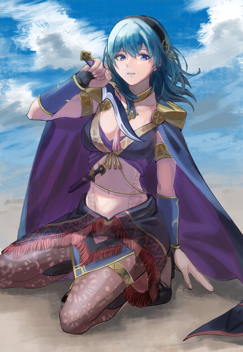 1girl, absurdres, black_hairband, blue_cape, blue_eyes, blue_hair, blue_sky, breasts