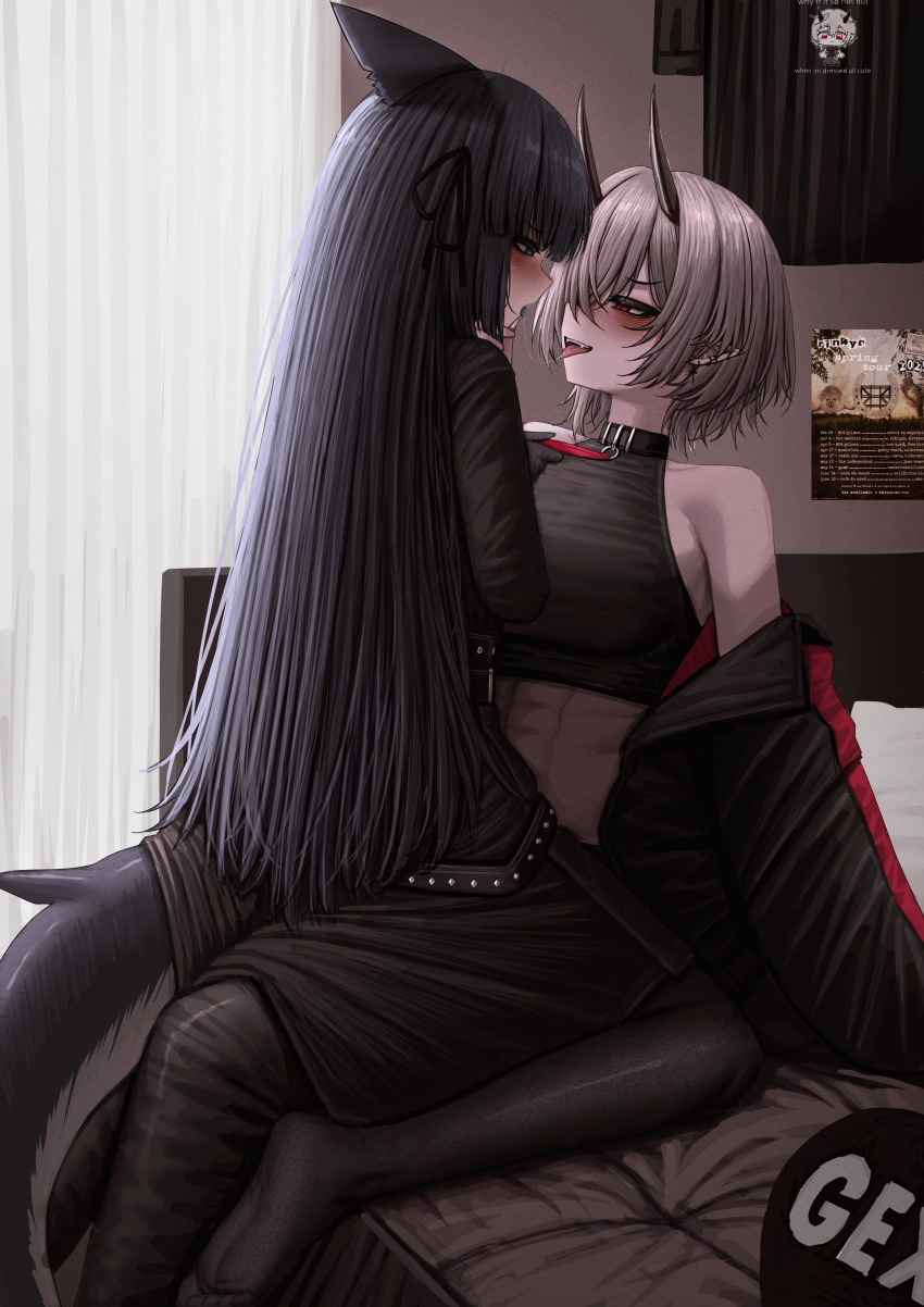 2025, 2girls, absurdres, after_kiss, artemis_of_the_blue, atelier_live, black_hair, black_horns