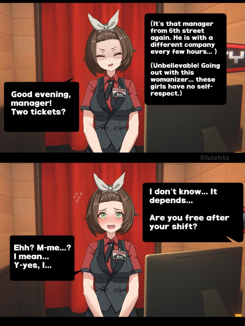 1girl, 2koma, absurdres, artist_name, badge, black_vest, blush, bow, bow_hairband, breasts, brown_hair, closed_eyes, collared_shirt, comic, english_text, facing_viewer, flustered, flying_sweatdrops, green_eyes, grey_bow, grey_hairband, hailey_(zenless_zone_zero), hair_bow, hairband, highres, hypocrisy, looking_at_viewer, luizhtx, medium_breasts, monitor, open_mouth, red_shirt, shaded_face, shirt, short_hair, short_sleeves, solo, speech_bubble, sweatdrop, vest, zenless_zone_zero