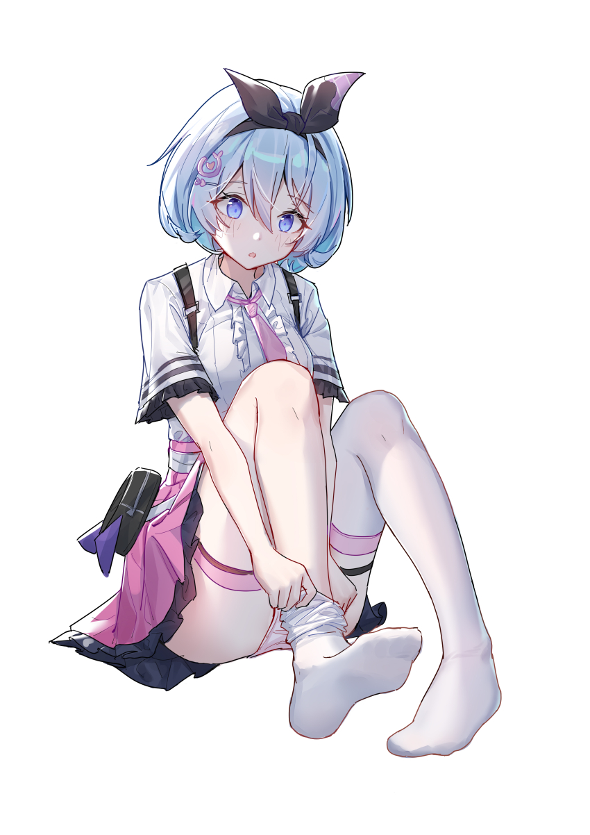 1girl, absurdres, airaila, black_hairband, blue_hair, center_frills, collared_shirt, commentary_request