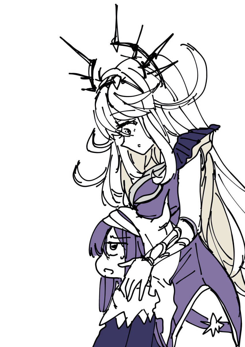 2girls, breast_rest, breasts, breasts_on_head, covered_eyes, hair_ornament, hair_over_one_eye, heaven_burns_red