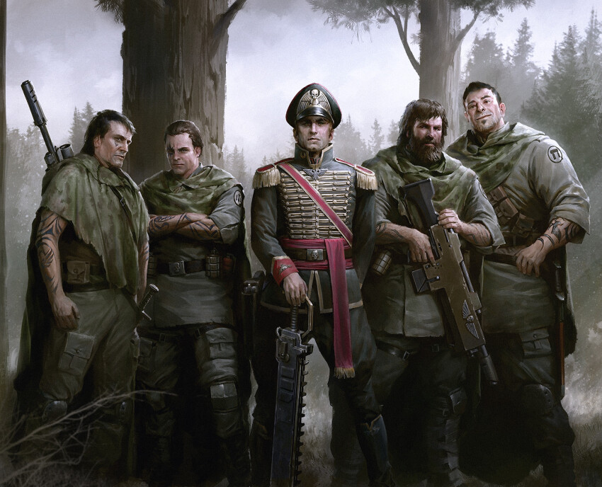 5boys, ammunition_pouch, arm_tattoo, astra_militarum, chainsword, commissar_(warhammer_40k), darren_tan, facial_hair