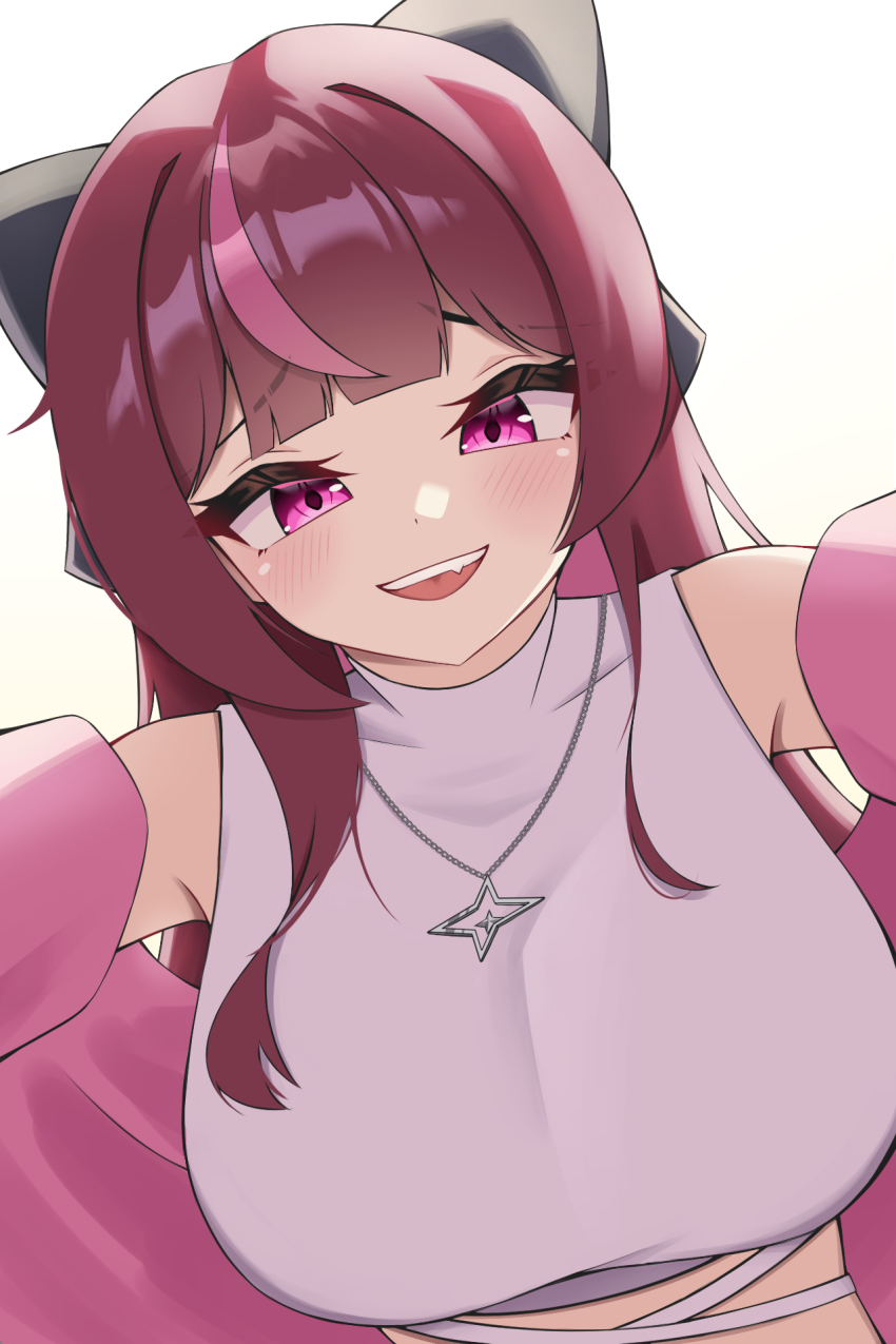 1girl, bare_shoulders, bow, breasts, cleavage, commentary, criss-cross_straps, crop_top