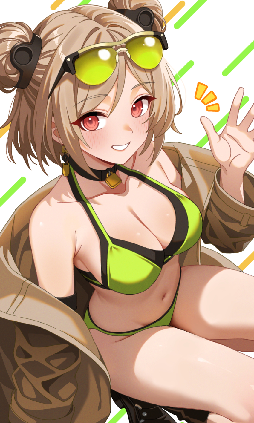 1girl, absurdres, armpit_crease, bare_shoulders, bikini, black_choker, black_shoes, blonde_hair