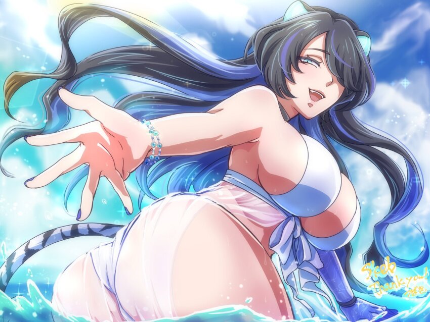 1girl, animal_ears, ass, bikini, black_hair, blue_eyes, bracelet, breasts