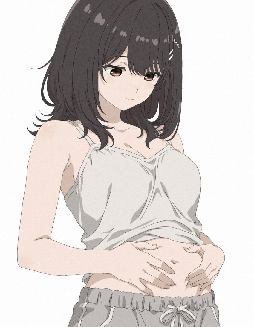 1girl, black_hair, breasts, brown_eyes, cleavage, commentary, commentary_request, frown, pinching_own_belly, hibi_wa_sugiredo_meshi_umashi, highres, kawai_mako, looking_at_stomach, looking_down, medium_breasts, multiple_hair_clips, navel, shorts, simple_background, solo, tank_top, watanabegenn, white_background, white_tank_top