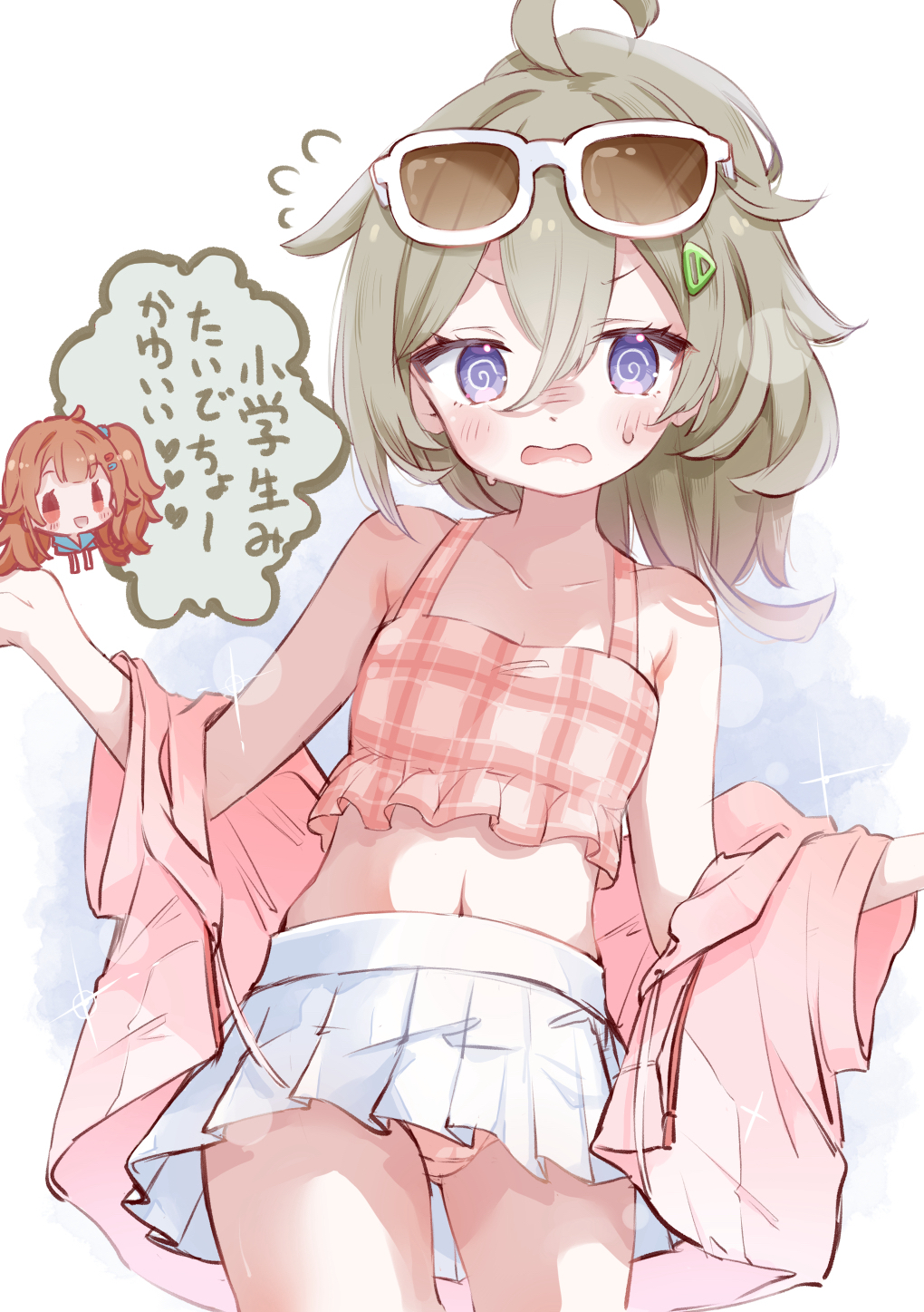 2girls, @_@, alternate_hairstyle, bikini, blush, chibi, chibi_inset, coffeeikka