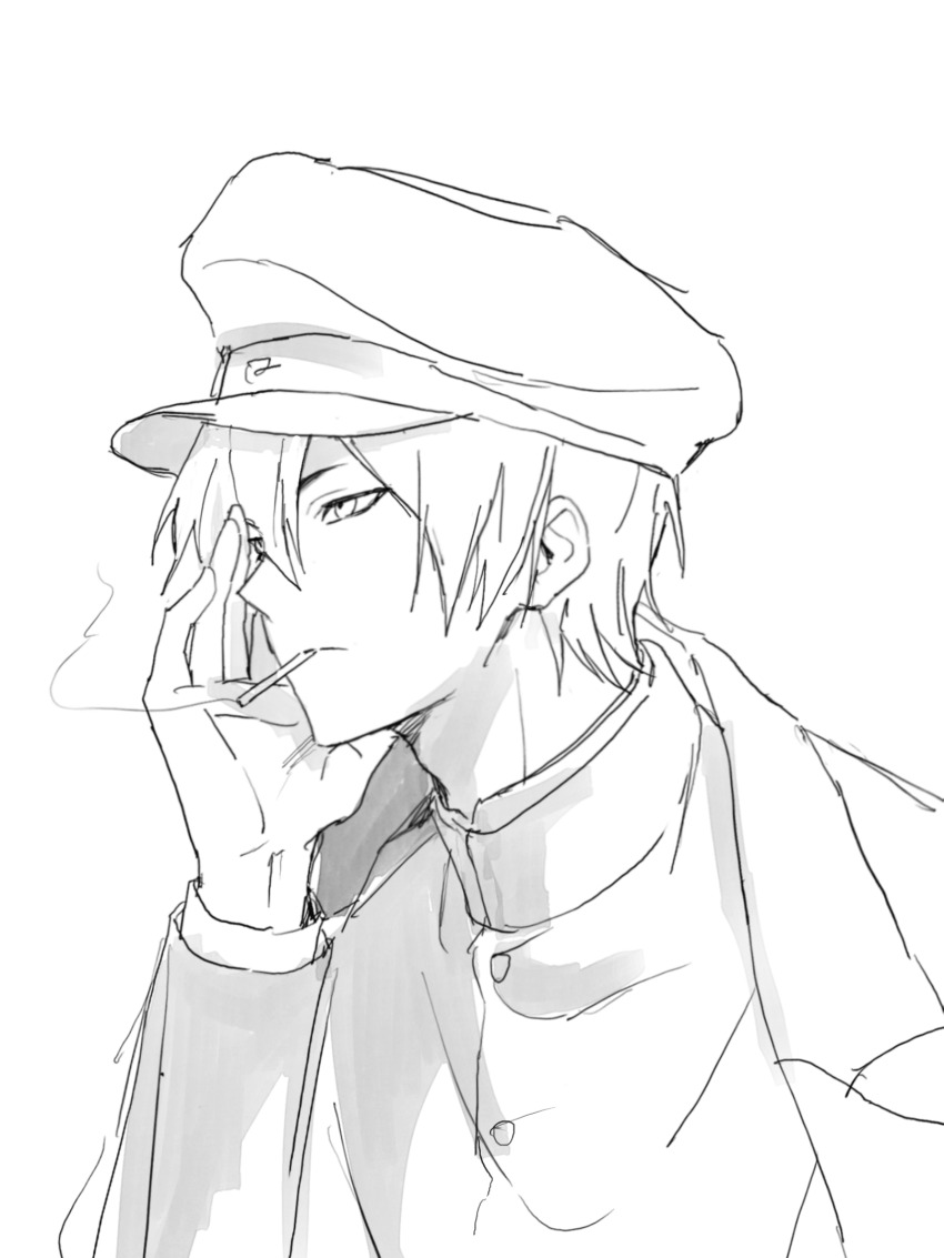 1boy, buttons, cigarette, closed_mouth, coat, coat_on_shoulders, gakuran, greyscale