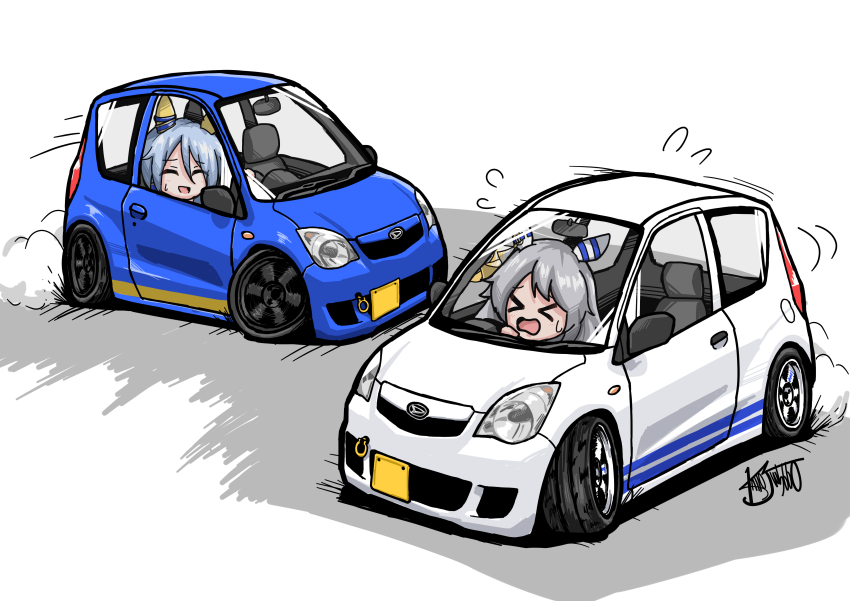 >_<, 2girls, ^_^, absurdres, animal_ears, blue_hair, car, closed_eyes