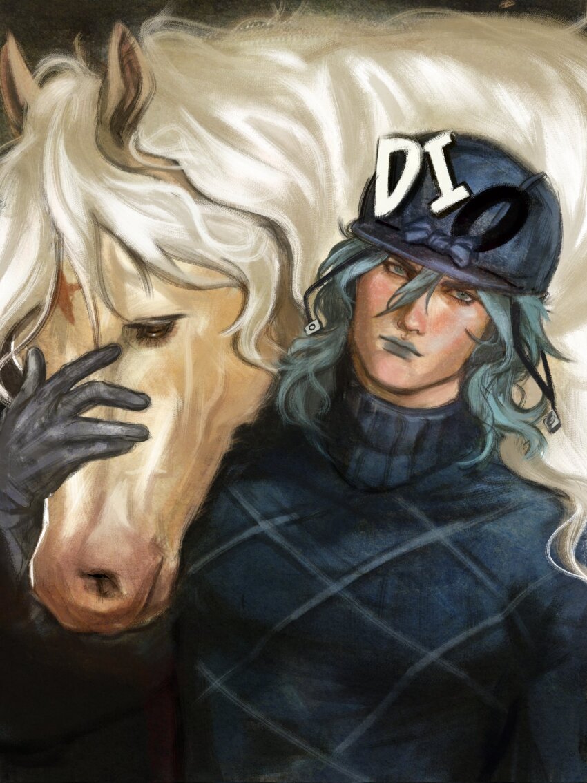 1boy, argyle_clothes, argyle_sweater, blue_bow, blue_eyes, blue_hair, blue_helmet, blue_lips