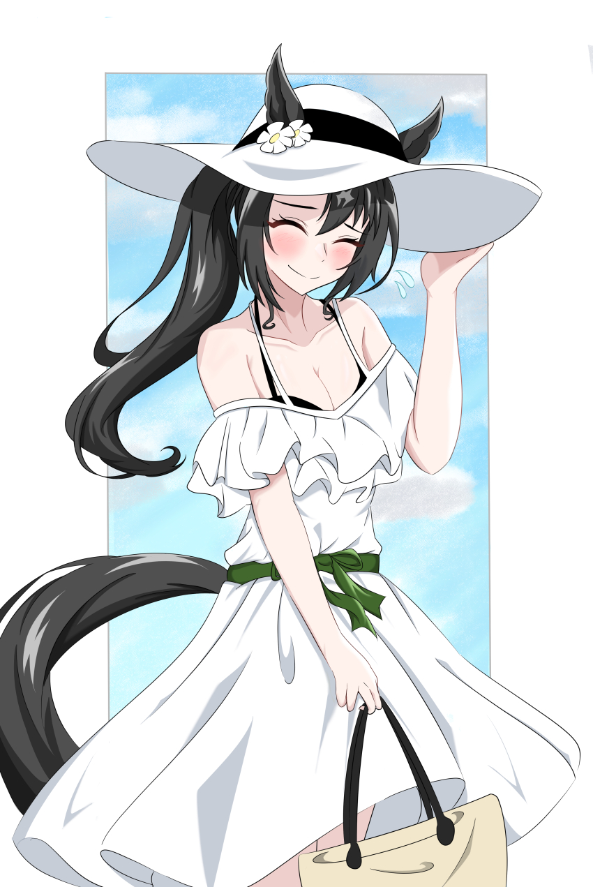 1girl, absurdres, abyss_kpn_(ki), alternate_costume, animal_ears, bag, bare_shoulders, black_bra, black_hair, blush, bra, breasts, cleavage, closed_eyes, collarbone, commentary, cowboy_shot, dress, ear_flower, ears_through_headwear, facing_viewer, flower, flying_sweatdrops, furrowed_brow, hand_on_headwear, hat, hat_flower, highres, holding, holding_bag, horse_ears, horse_girl, horse_tail, light_smile, long_hair, multicolored_hair, off-shoulder_dress, off_shoulder, satono_crown_(umamusume), shy, side_ponytail, solo, streaked_hair, sun_hat, sundress, tail, umamusume, underwear, white_dress, white_hair, white_hat