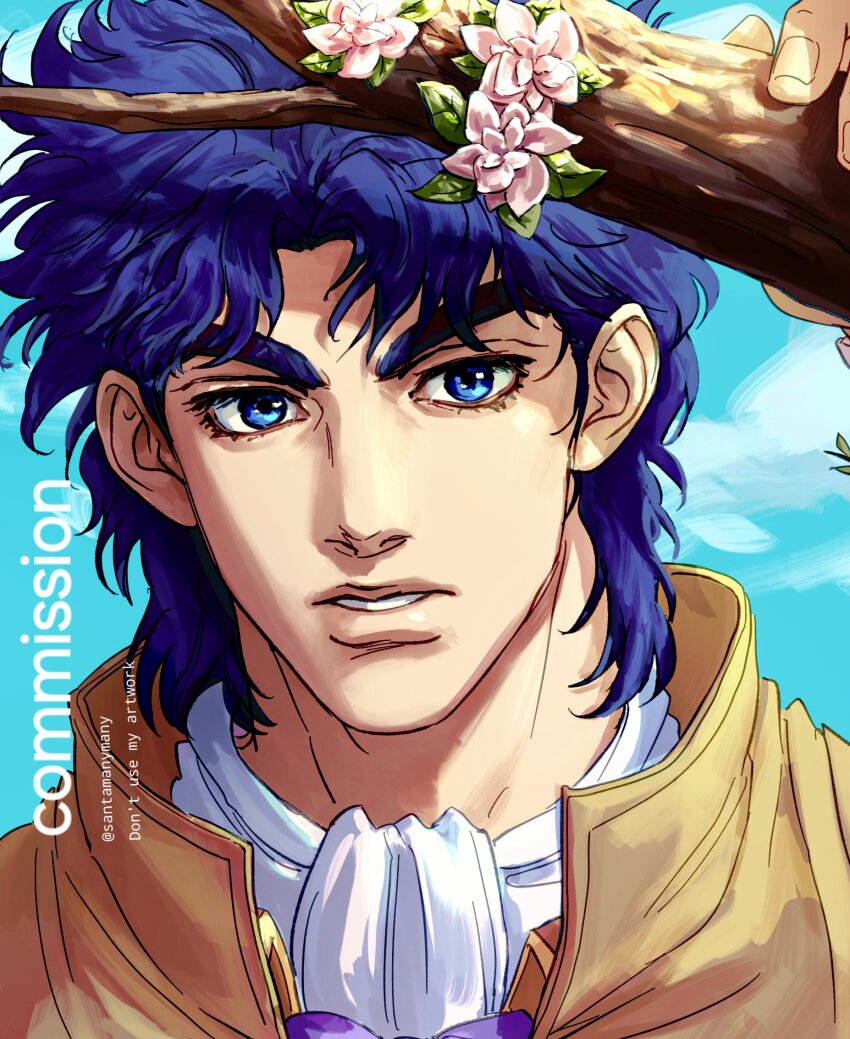 1boy, ascot, blue_eyes, blue_hair, bow, bowtie, branch, commentary