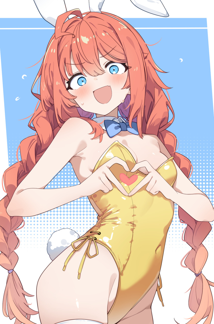 1girl, :d, ahoge, animal_ears, blue_background, blue_bow, blue_bowtie, blue_eyes