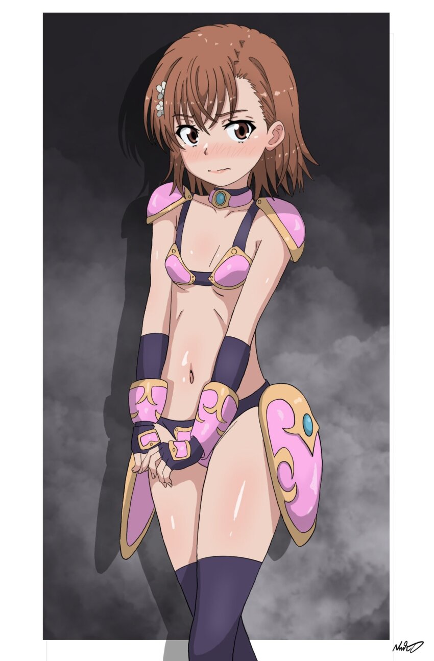 1girl, armor, asymmetrical_bangs, bikini, bikini_armor, black_thighhighs, blush, border