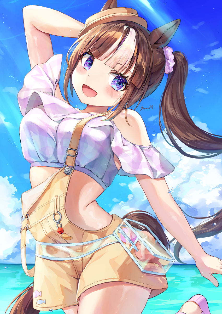 1girl, :d, absurdres, animal_ears, bare_shoulders, bead_necklace, beads, bikini_top_on_head, boater_hat, brown_hair, ears_through_headwear, hair_ornament, hair_scrunchie, hat, highres, hokko_tarumae_(pastel_marine_locadol)_(umamusume), hokko_tarumae_(umamusume), horse_ears, horse_girl, horse_tail, jewelry, leg_up, long_hair, looking_at_viewer, necklace, official_alternate_costume, official_alternate_hairstyle, open_mouth, overall_skirt, overalls, purple_eyes, purple_scrunchie, scrunchie, see-through_bag, side_ponytail, signature, smile, solo, striped_hair, tail, tilted_headwear, umamusume, white_hair, yellow_hat, yellow_overalls, yoru_usagi