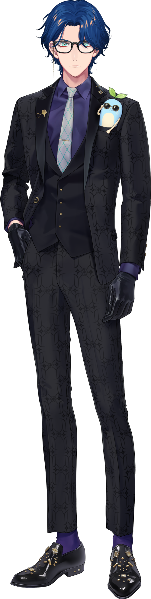 1boy, aqua_eyes, atarashi_atara_yo, black_gloves, black_jacket, black_pants, black_shoes, black_vest