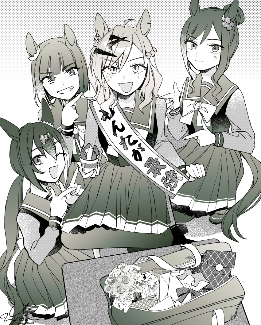 4girls, :d, ;d, absurdres, ahoge, animal_ears, bag, blunt_bangs
