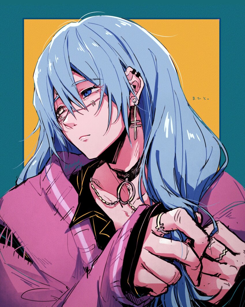 1boy, absurdres, akasuzu3641, alternate_costume, black_choker, blue_eyes, blue_hair, choker