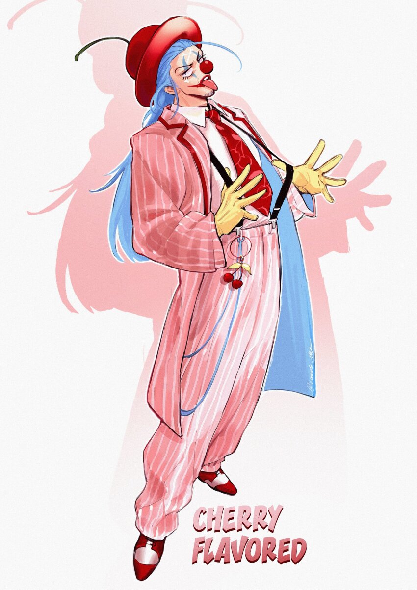 1boy, absurdres, alternate_costume, blue_eyes, blue_hair, bright_pupils, buggy_the_clown, cherry